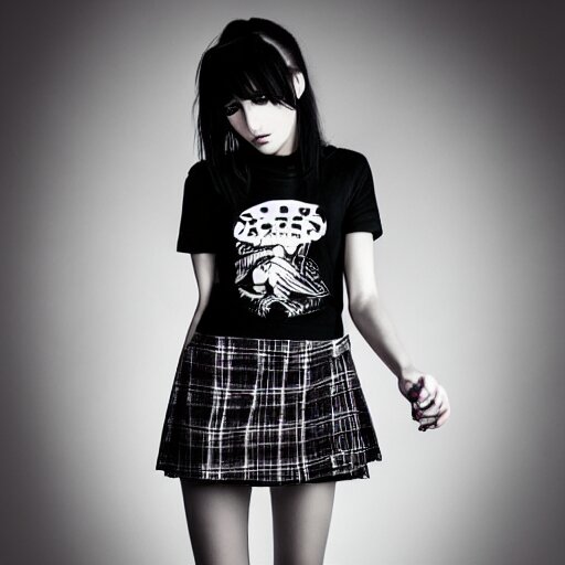 female model teenage goth photography plaid mini skirt band shirt beautiful face, dramatic light darkroom 