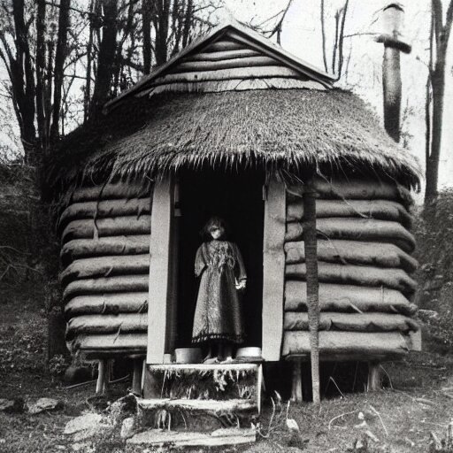 A vintage photo of a witches hut with a witch standing on the Porch, 70s, vintage, old