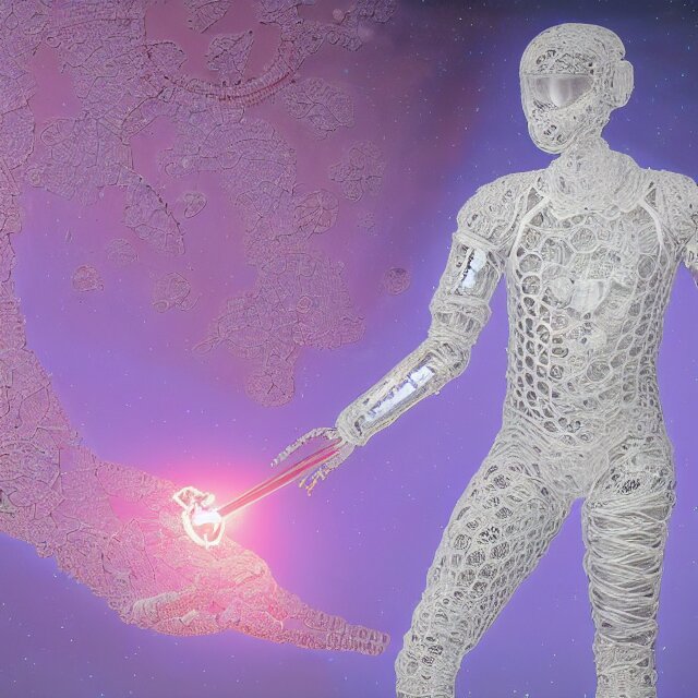 realistic extremely detailed  photo style  painting of a complete  astronaut suit with exposed diamond 3d fractal lace iridescent bubble 3d skin clear brain+ one hand holding a glowing sparkle plasma spear and multiple chest  arm and legs chelate appendages and in a jumping float Pose
,opal ruby diamond iridescent fractal lace bubble materials,against a psycadelic  wavy lace wall,
monolithic retro futuristic ,water , by style hybrid mix of beeple+Anton Pieck+Jean Delville+ Amano,Yves Tanguy+ Alphonse Mucha+ Ernst Haeckel+ Edward Robert Hughes+Stanisław Szukalski , compound eys lenses,
rich moody colors,diamond dust glitter and sparkles, granular detail,holographic krypton ion,blue eyes,octane render,4k,
f32,55mm photography,wide angle ,jumping float Pose,full shot,  