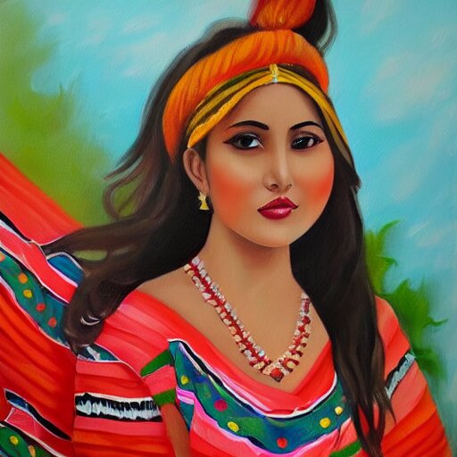 a beautiful oil painting of cute girl wearing modern stylish costume in the style of Assamese bihu mekhela sador gamosa design, commercial fashion design art concept