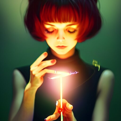 a woman holding a magic wand casting a spell, concept art by Ilya Kuvshinov, contest winner, fantasy art, official art, concept art, high detail, experimental, high quality, hyperrealistic, 4k