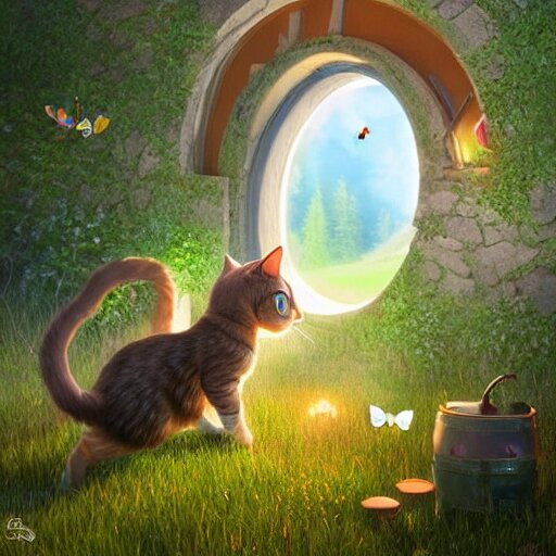 a wholesome cottagecore illustration of a cat chasing a butterfly through a portal to the 4th dimension, Pixar and Disney animation, sharp, Rendered in Redshift and Unreal Engine 5 by Greg Rutkowski, Bloom, dramatic lighting