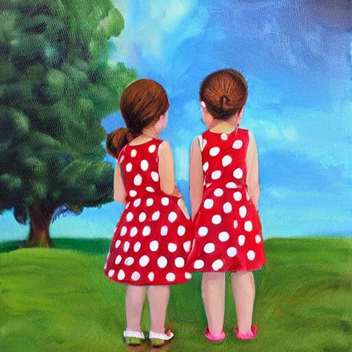 two little girls wearing polka dot dresses are smoking a big joint together behind the school building, realistic painting 