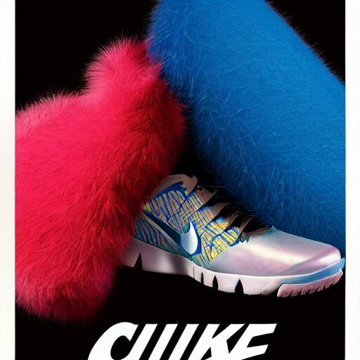 poster nike shoe made of very fluffy colorful faux fur placed on reflective surface, professional advertising, overhead lighting, heavy detail, realistic by nate vanhook, mark miner 