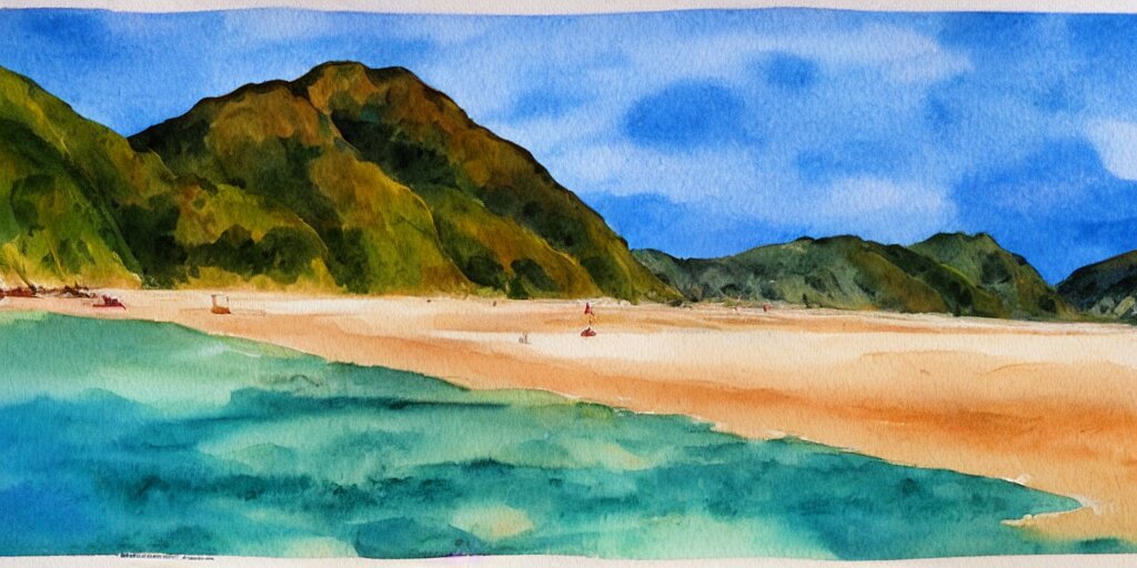 golden bay new zealand, abel tasman, colorful watercolor painting, trending on artstation