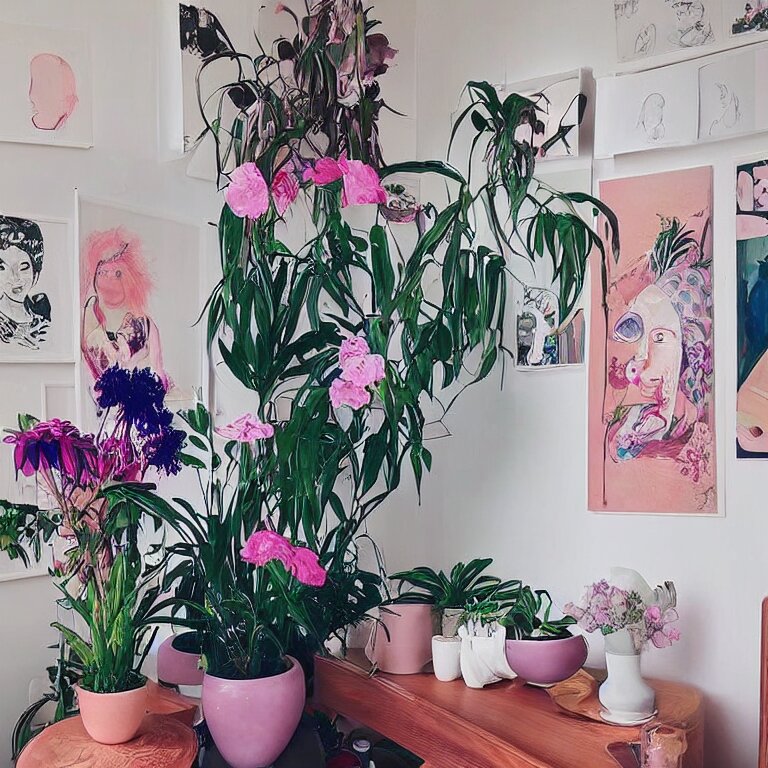 “art in an Australian artist’s apartment, organic, portrait of women, pink and blue hair, lesbian, ikebana, Japanese pottery, sacred feminine, womanhood”