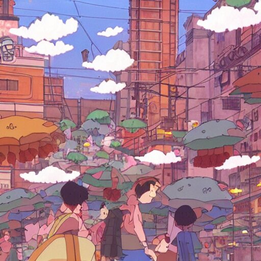 raining donuts on a city in a studio ghibli animation