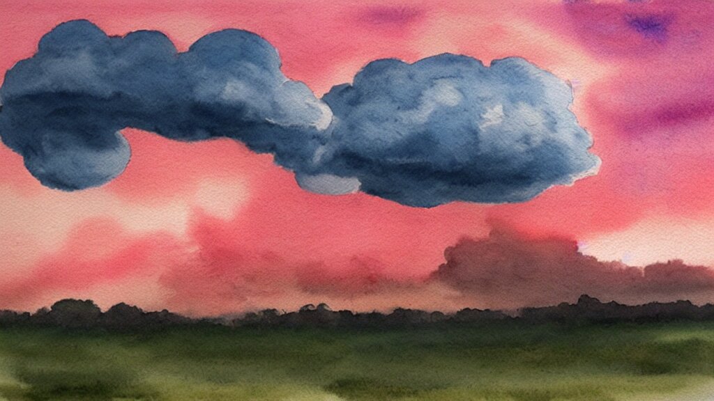 watercolor of a big cumulonimbus cloud on a pink sunset 