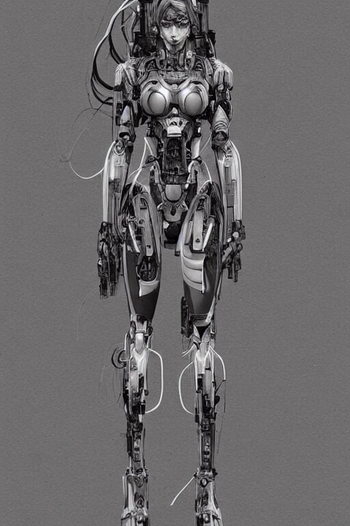 full body illustration female cyborg, highly detailed, sumi - e art, suiboku - ga ink, by kim jisu, pen and ink monochrome, mecha, deviantart, artstation, pinterest 