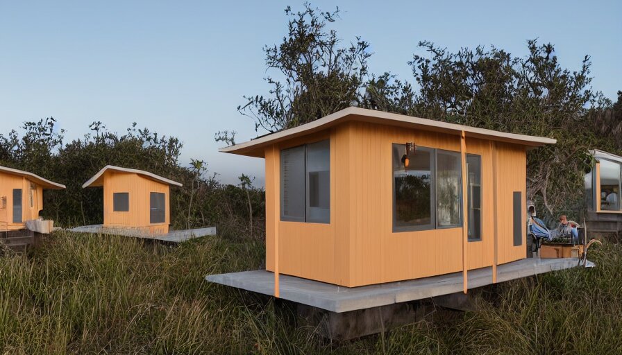 An architectural rending of an eco-community neighborhood of innovative contemporary 3D printed sea ranch style cabins with rounded corners and angles, beveled edges, made of cement and concrete, organic architecture, on the California coastline with side walks, parks and public space , Designed by Gucci and Wes Anderson, golden hour