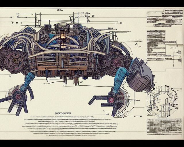 a full page of a mechanical blueprint showing a design for a mechanized sloth from howl's moving castle ( 2 0 0 4 ), with a big head, muted colors, post grunge, studio ghibli, hq, 