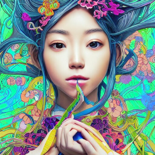 the face of a ridiculously beautiful and pretty japanese girl partially made of onion rings of all colors looking down, an ultrafine detailed illustration by james jean, final fantasy, intricate linework, bright colors, behance contest winner, vanitas, angular, altermodern, unreal engine 5 highly rendered, global illumination, radiant light, detailed and intricate environment 