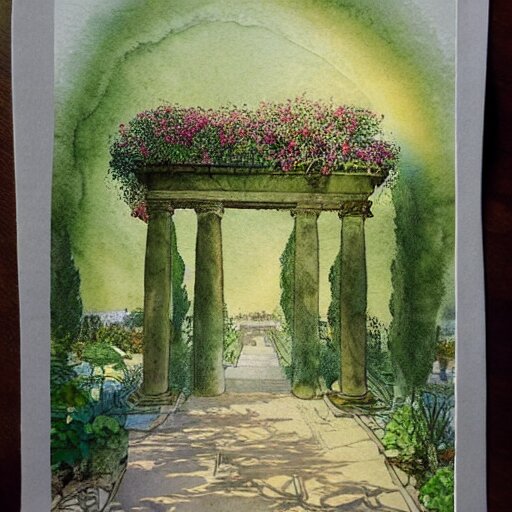 delicate garden on paper floating puffy vines botanical herbarium botanic watercolors iridescent 8 k wide angle realistic artstation italian rainbow colonnade oak pine liberty architecture pompeii 