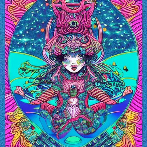 hatsune miki, intricate, amazing line work, cosmic, psychedelic, cheerful, colorful, tarot cards, the devil tarot card