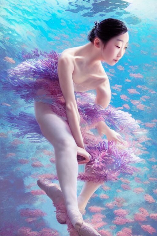 stunningly beautiful, asian prima ballerina at the bottom of the great barrier reef, smooth, focus, highly detailed, hyper realistic, dramatic lighting, intricate, concept art, art by wlop, mars ravelo 