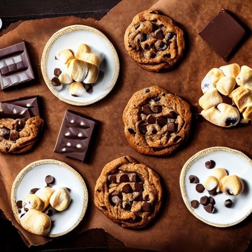 opulent banquet of plates of freshly baked chocolate chip cookies, delicious, glistening, chocolate sauce, marshmallows, highly detailed, food photography, art by rembrandt 