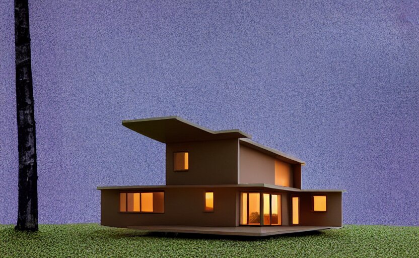 one single stand alone huge hyperdetailed minimalist home, seen from the long distance, at night. in a wood made of paper and plastics. maximalist unexpected elements. free sky in plain natural warm tones. 8 x 1 6 k hd mixed media 3 d collage in the style of a childrenbook illustration in pastel tones. matte matte background. no frame hd 