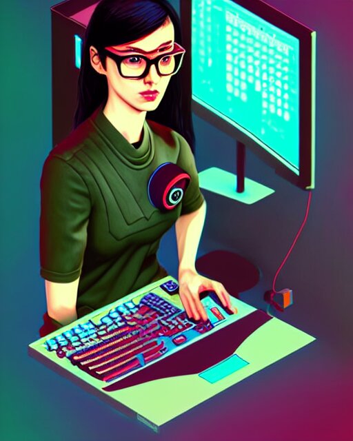 richly detailed color illustration of a nerd-using-a-computer-to-crack-the-code surrounded by technology illustrated by Artgerm and Mina Petrovic and Timothy Kong and Marina Federovna. 3D shadowing