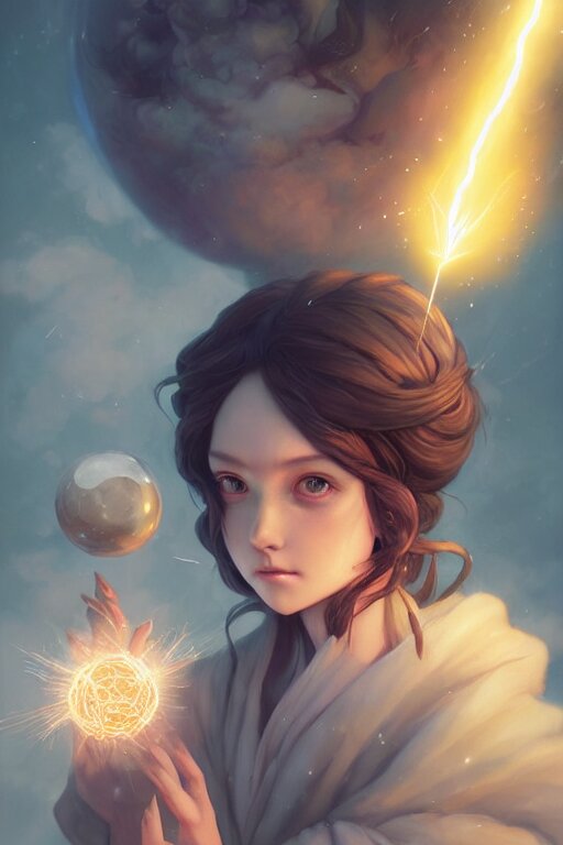 a cute wizard girl conjuring a lightening ball, character art portrait, anime key visual, official media, illustrated by tom bagshaw, wlop, kentaro miura, extremely detailed, 8 k, trending on artstation, cinematic lighting, beautiful 