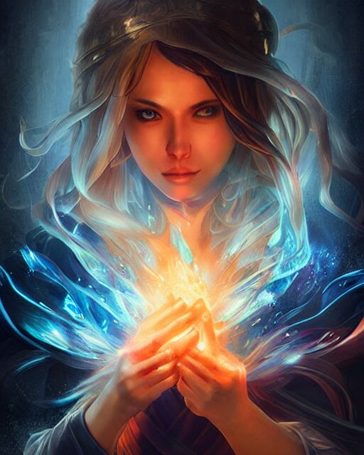 digital art by wlop and artgerm in the style of throne of glass book covers illustrations, a young adult female magician with fireballs in hand and a blue magic lighting aurea overlay 