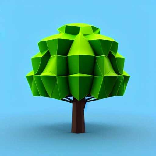 a 3d low poly object of just a small green tree on the blue background