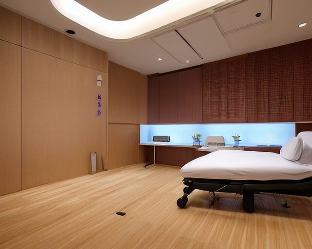 The zen environment of the hospital room of the future, in a five star hotel in Singapore, with calming bright lights and a welcoming Japanese rose pattern wall and a breathtaking wooden floor, a doctor and her patient look at a computer screen showing medical graphs