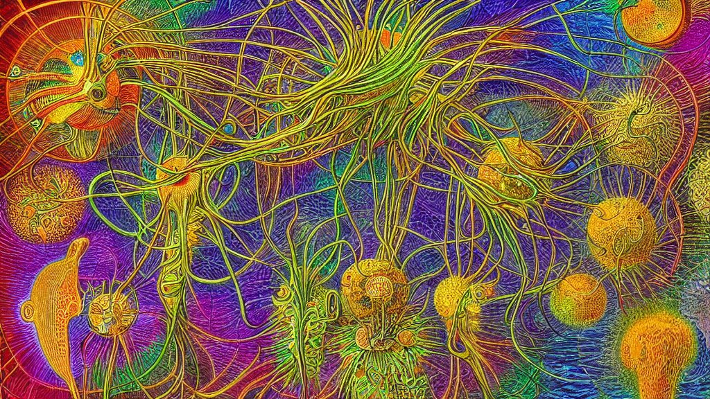 quantum connections represented as symbiotic organisms like cells playing around with colorful lights by ernst haeckel, smooth, sharp, realistic 