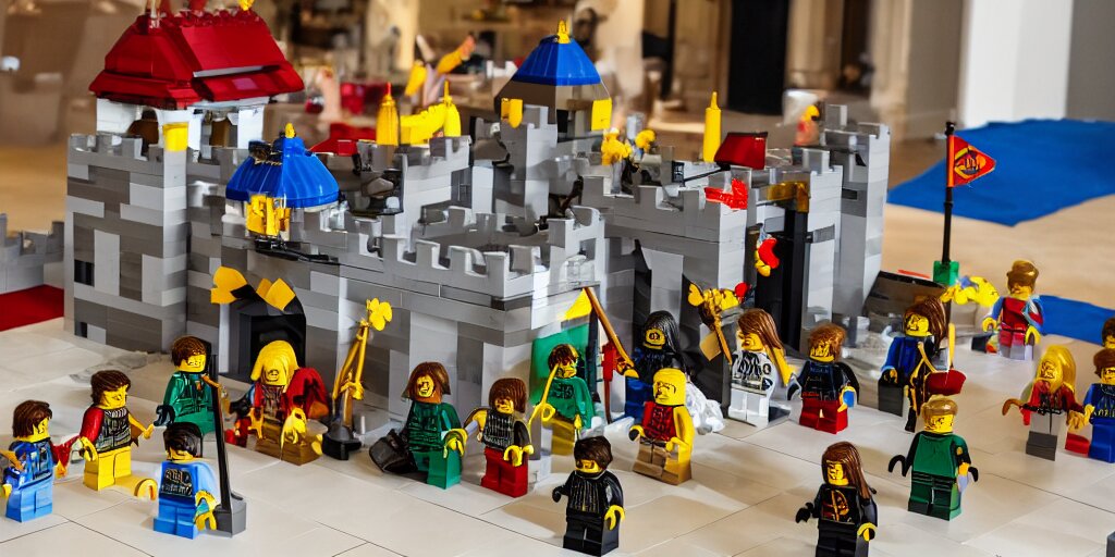 lego castle with knights in front