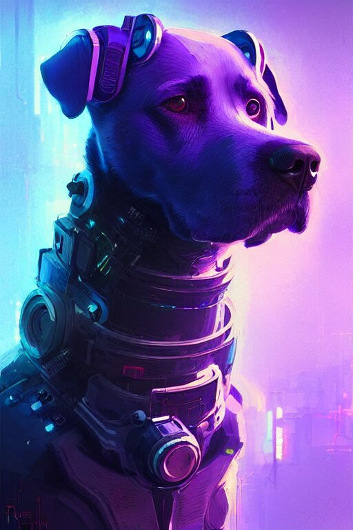 a beautiful portrait of a cute cyberpunk dog by greg rutkowski and wlop, purple blue color scheme, high key lighting, digital art, highly detailed, fine detail, intricate, ornate, complex 