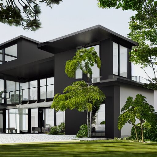 a black modern mansion on an island by itself, award winning, 8k, ultra realistic,