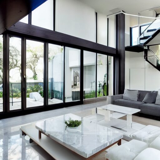 A modern living room with floor to ceiling glass windows on the left and on wooden stairs to the second floor on the right, two white sofas with a white marble table in the center, 8k resolution, professional interior design photograph, wide angle photograph