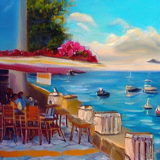 small cafe in italy, capri coast, sea, sunny day, summer, clouds on the sky, oil painting style, 