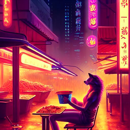 splash art of anthropomorphic female vulpes vulpes fulva woman sitting at a noodle stand eating noodles in the crowded street of a cyberpunk city, rain, harsh neon lighting, realistic, ultra detailed, by greg rutkowski, wlop, sakimichan, artgerm 