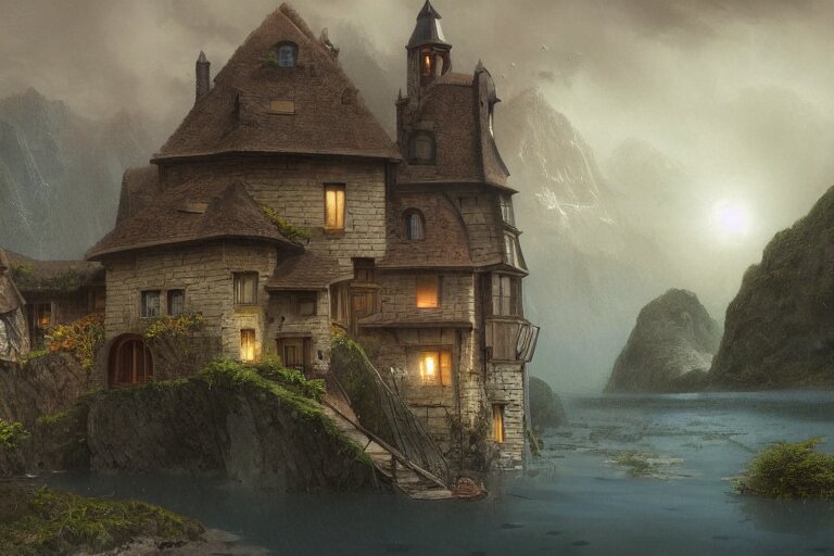 a typical european house with a slate roof, submerged under the water of the acean, school of fishes, scenic view, matte painting by christophe vacher and hubert robert, trending on artstation 