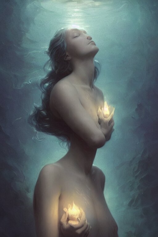 meditation deep in dark murky water!!!, underwater atmospheric mood, asleep and dreaming! cinematic volumetric lights, bust portrait, dnd, fantasy, intricate, elegant, highly detailed, digital painting, artstation, concept art, smooth, sharp focus, illustration, art by artgerm and tom bagshaw and greg rutkowski and alphonse mucha 