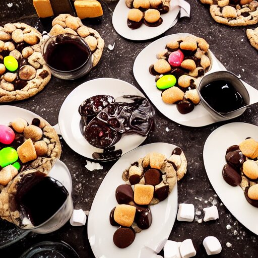 opulent banquet of plates of freshly baked chocolate chip cookies and jelly beans, chocolate sauce, marshmallows, delicious, glistening, highly detailed, food photography, art by rembrandt 