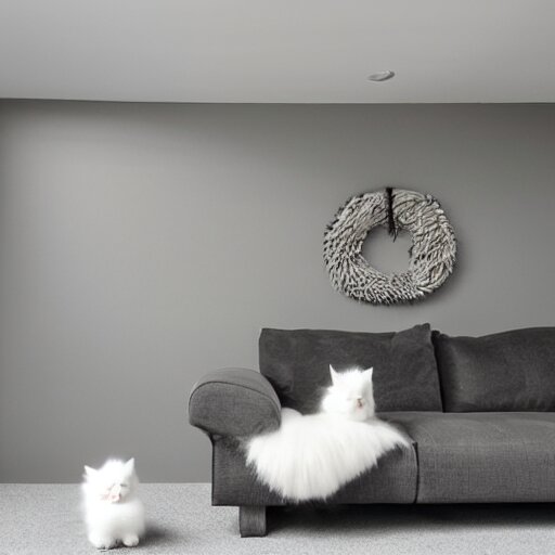 modern minimalist interior design with a fluffy kitten 