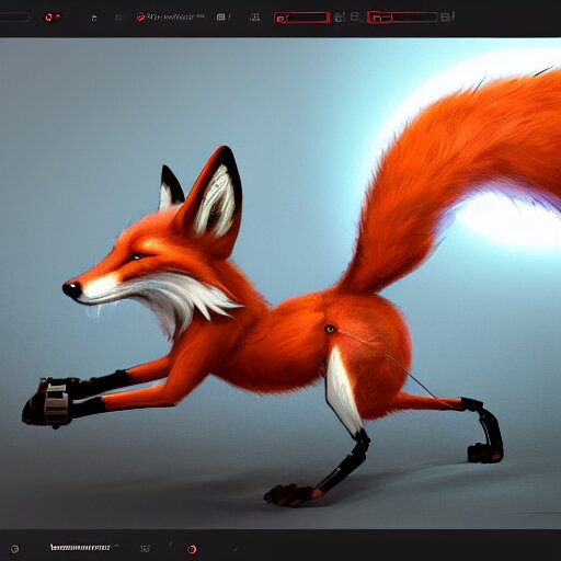 mechanical fox with robo tech, apocalyptic elements, art render, character concept, smooth, sharp detail, pixar style 