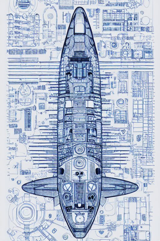 intricately detailed blueprint of a cruiser class spaceship by Jen Bartel and Dan Mumford and Satoshi Kon