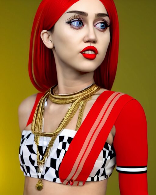 a beautiful cute miley cyrus wearing modern stylish costume in the style of Assamese bihu mekhela sador gamosa design, commercial fashion design art by WLOP, face by artgerm and daz3d genesis iray, cinematic lighting, medium shot, mid-shot, slim female figure ramp walk model pose, highly detailed, trending on Artstation, Unreal Engine 4k, cinema 4d multi-pass ray traced, 8k fabric texture details, octane render, diffused natural skin glow