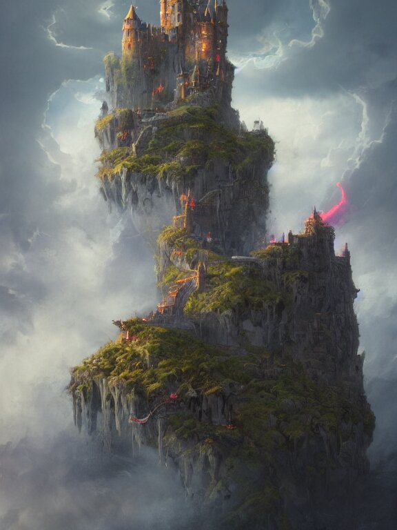 photo of 8k ultra realistic castle on cliff surrounded by swirling clouds and lighting, dark, menacing, full of colour, cinematic lighting, battered, trending on artstation, 4k, hyperrealistic, focused, extreme details,unreal engine 5, cinematic, masterpiece, art by Peter Mohrbacher