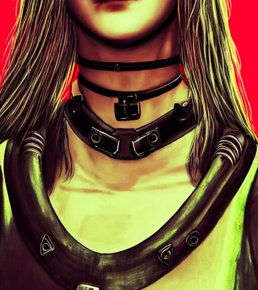 detailed realistic female character cyberpunk wearing thick steel collar around neck, realistic, art, beautiful, 4K, collar, choker, collar around neck, punk, artstation, detailed, female, woman, choker, cyberpunk, neon, punk, collar, choker, collar around neck, thick collar, tight around neck, punk, choker, neon, neon, cyberpunk, technological