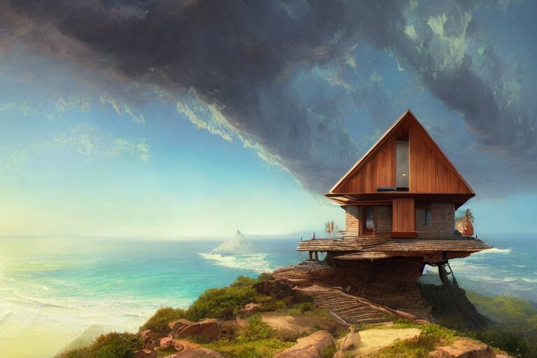 lovely a - frame home sits atop a broad cliff, overlooking the entirety of the blue sky, digital painting by greg rutkowski and gaston bussiere, zbrush, cgsociety contest winner, comprehensive art, intricate, landscape photography, brightly radiant atmosphere, overcast sky, homogeneous to hawaii, 4 k, 8 k 