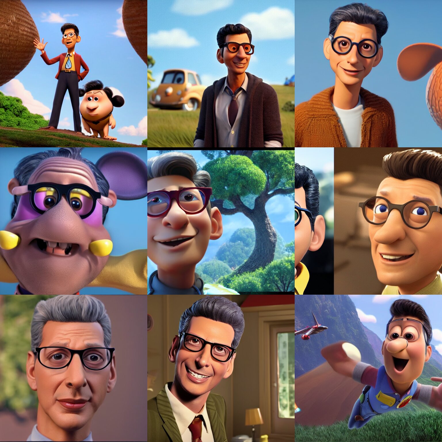 2 0 years old jeff goldblum as a pixar disney character from up ( 2 0 0 9 ), unreal engine, octane render, 3 d render, photorealistic 