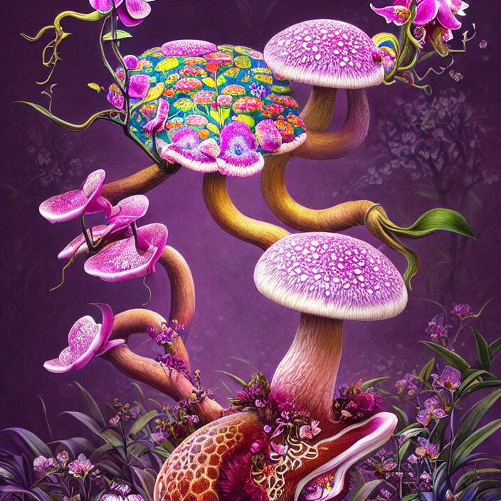 extremely psychedelic animal made of orchid and cherry blossom tree and mushroom, LSD, diffuse lighting, fantasy, intricate, elegant, highly detailed, lifelike, photorealistic, digital painting, artstation, illustration, concept art, smooth, sharp focus, art by John Collier and Albert Aublet and Krenz Cushart and Artem Demura and Alphonse Mucha