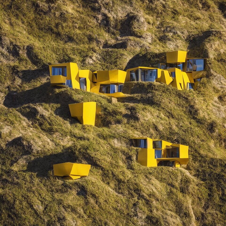 a tiny flat horizontal house on a cliff, designed by Frank Gehry. Big tiles. Small wooden pathway . Film grain, cinematic, yellow hue