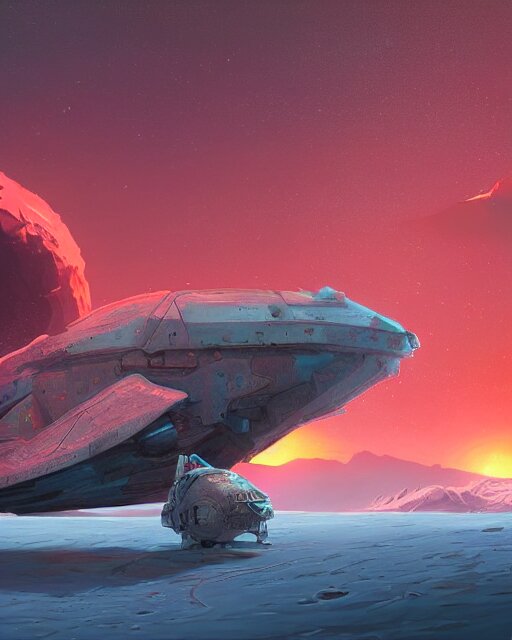 legendary space ship, ice fish shape, desert planet, cinematic, highly detailed, scifi, intricate digital painting, sunset, red glow, illustration, artstation, by johnson ting, jama jurabaev 