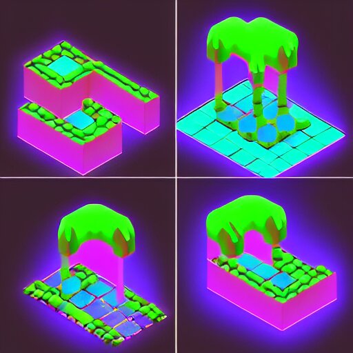 concept 2 d game asset, isometric staircase blocks, organic isometric design, bioluminescent alien - like plants inspired by the james cameron's avatar's alien nature. we can see alien plants glowing in the dark arround the isometric itens has colorful neons cyan, orange mooth median photoshop filter cutout vector 