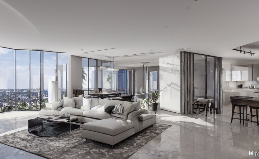 highly detailed interior, high end design, real estate photography, mike kelly, 4 k, 8 k, global illumination, minimalist 