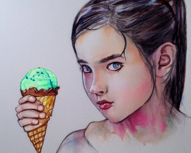 a girl with the ice cream watercolor colored pencil painting trending on artstation 